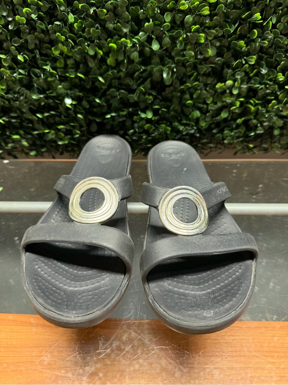 CROCS Black Slide Sandals with Silver Ring Accent